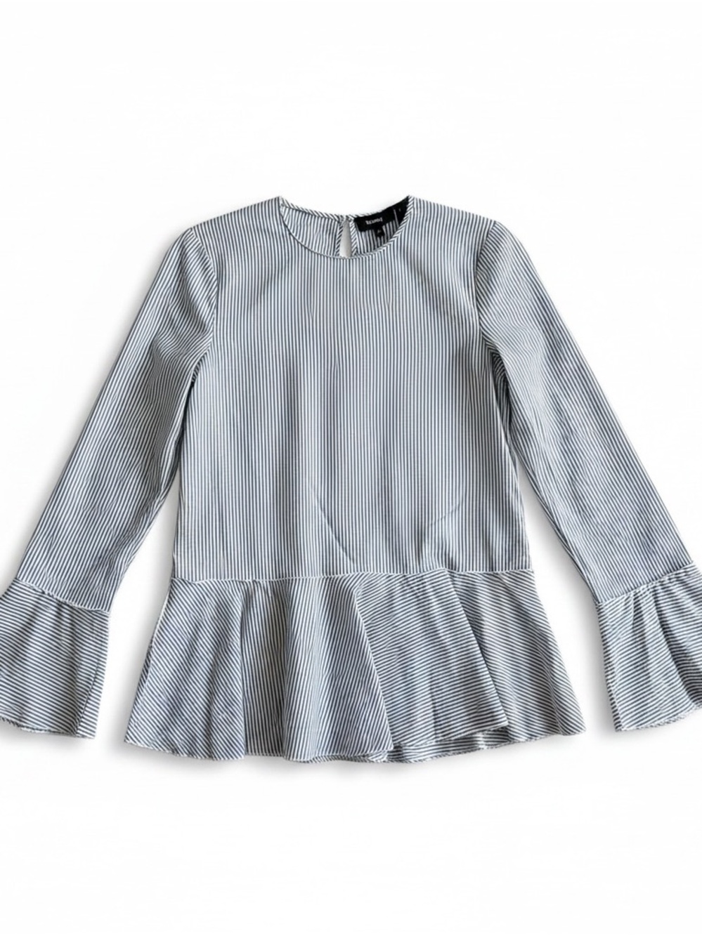 Theory Petite Grey White Pinstripe Bell Sleeve Peplum Blouse P XS Cotton Top - Picture 5 of 7